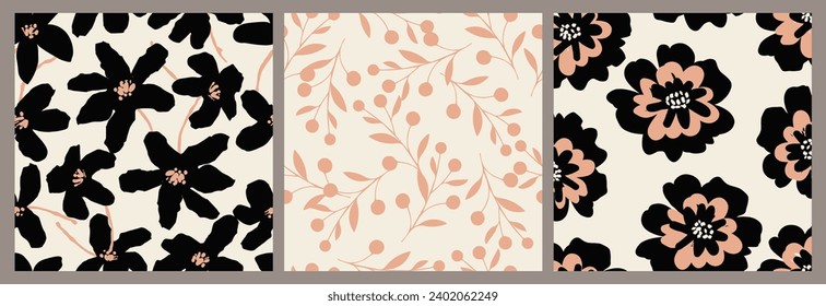 Satz von floralem, nahtlosem Hintergrund. Minimalistische abstrakte Blumenmuster. Moderner Druck auf schwarz-weißem Hintergrund. Ideal für Textildesign, Tapeten, Cover, Karten, Einladungen und Plakate.