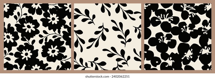 Conjunto de flores sin costura. Patrón floral abstracto minimalista. Impresión moderna de fondo blanco y negro. Ideal para el diseño textil, papel pintado, cubiertas, tarjetas, invitaciones y carteles.