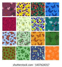 Set of flower seamless patterns with butterflies, dragonflies, ladybirds, flowers. Vector templates for fabrics, wrapping paper and other.