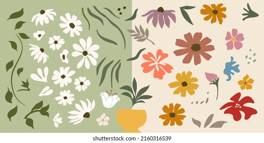 Set of flower shapes and groovy design elements.  Abstract contemporary modern trendy vector illustration. Perfect for Flower market posters, prints, textile patterns. Retro 70s, 80s, 90s.
