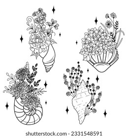 Set of flower shells. Collection of seashells with floral wreath. Beach. Summer shell. Vector design illustration for print. Drawing for children. Tattoo on the body.