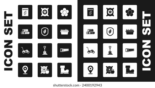 Set Flower, Shield with leaf, Wooden logs, Pack full of seeds of plant, Fresh grass in rectangular, Hand saw and Lawn mower icon. Vector