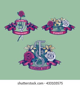 Set of flower shop vector logo, illustration. Design element, sign for florist. Flower details for background, banner, business card