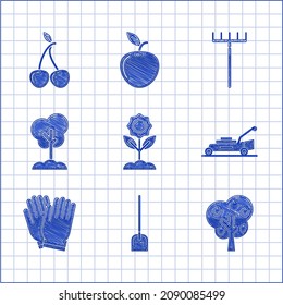 Set Flower, Shovel, Tree with apple, Lawn mower, Garden gloves, in the ground, rake and Cherry icon. Vector