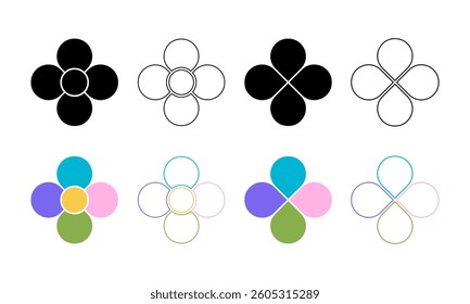 Set of flower silhouettes with 4 petals and core. Floral pie chart divided on four equal slices in leaf shapes isolated on white background. Diagram templates. Vector graphic illustration.