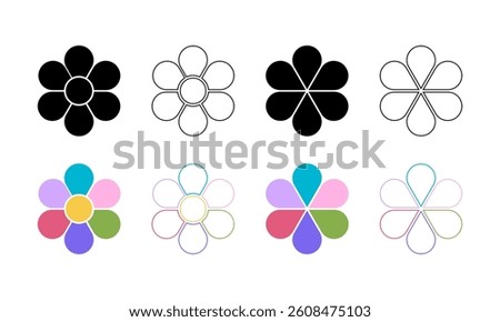 Set of flower silhouettes with 6 petals and core. Floral pie chart divided on equal parts in leaf shapes isolated on white background. Templates for data presentation. Vector illustration.