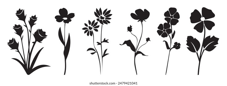 Set of flower silhouettes on a white background. Black flower and leaf elements are suitable for various design projects.