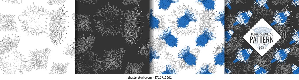 Set flower sketch texture. Floral blue, black, white seamless pattern with thistle branches. Scotland heraldic symbol textile print. Vintage decor thistle inflorescence ornament. Vector illustration
