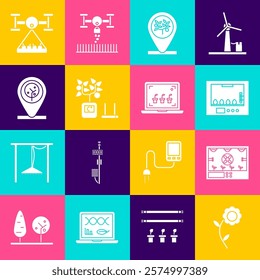 Set Flower, Smart farming technology, Incubator for eggs, Location and tree, with drone and  icon. Vector