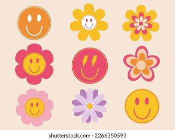 set of flower smile Groovy hippie 70s posters Funny happy daisy Sticker pack vector illustration Vector backgrounds. Stay groovy Good vibes