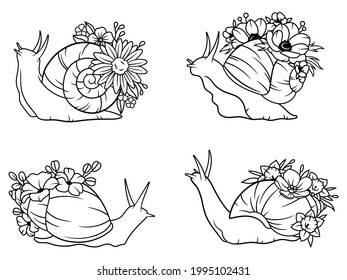 Set of flower snails. Collection of molluscs with floral shells. Cute clams with flowers. Botany. Fauna insect. Vector illustration silhouettes of gastropods. Drawing for children.