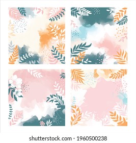 Set flower Spring background with beautiful. flower background for design. Colorful background with tropical plants. Place for your text.