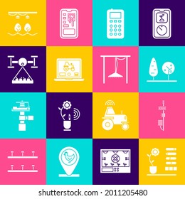 Establecer el estado de las flores, el sensor autónomo, los árboles, el control remoto, la aplicación para portátiles para una granja inteligente, Smart con drones, la planta de bombillas y el icono de rociadores de riego automáticos. Vector