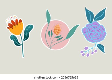 Set of flower sticker with purple,pink,green,and yellow color isolated vector