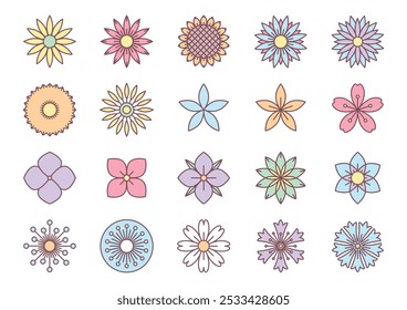 Set of flower stickers. Collection of colorful flower heads (dandelion, sunflower, sakura, cornflower, lilac ets.). Vector 10 EPS.