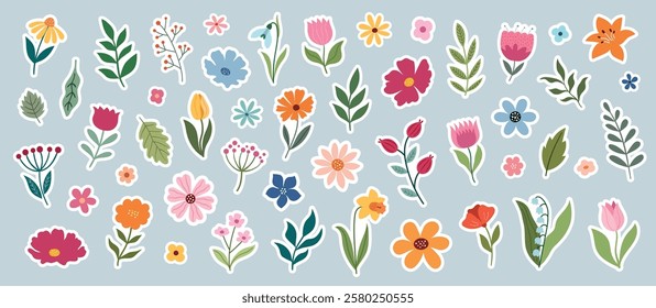 Set of flower stickers on a blue background