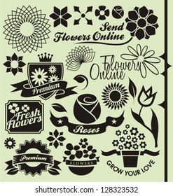 Set of flower symbols, icons and signs. Floral collection of decorative vectors. Design elements for gardening and beauty or spa salons.