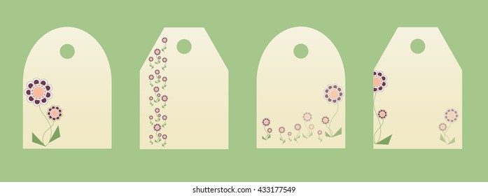 Set of flower tag template. Geometric flowers and floral ornament on pale background.