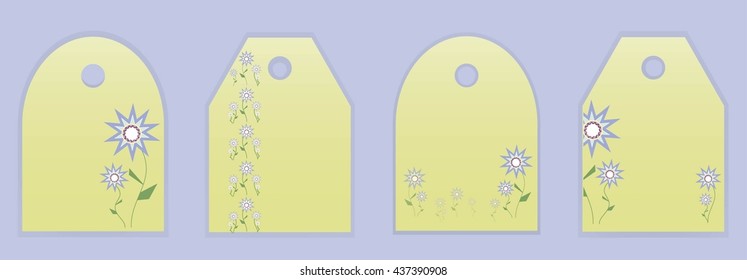 Set of flower tag template. Geometric flowers and floral ornament on pale green background.