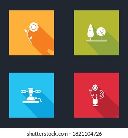 Set Flower, Trees, Automatic irrigation sprinklers and Smart farming technology icon. Vector.