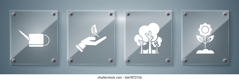 Set Flower, Trees, Sprout in hand of environmental protection and Watering can. Square glass panels. Vector