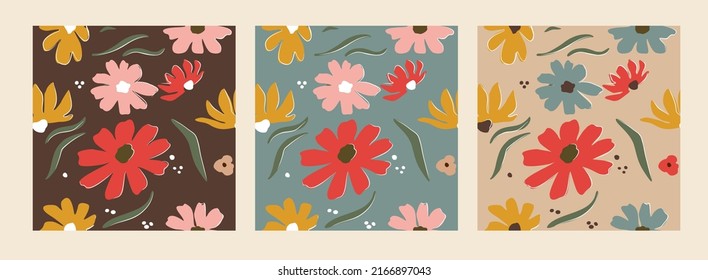 Set of Flower trendy seamless patterns with different earth tones, and excellent blue colors . Abstract floral vector art  illustration. Retro 70s, 80s, 90s botanical design.