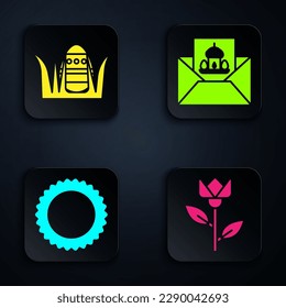 Set Flower tulip, Easter egg, Sun and Greeting card with Happy Easter. Black square button. Vector