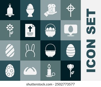 Set Flower tulip, Easter egg, Speech bubble with easter, Human hand and cake, Greeting card Happy, Ringing bell and Basket eggs icon. Vector