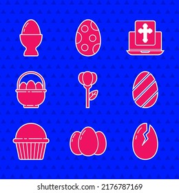 Set Flower tulip, Easter eggs, Broken, cake, Basket with easter, Cross on the laptop screen and stand icon. Vector