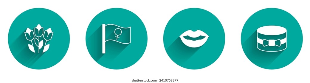 Set Flower tulip, Feminist activist, Smiling lips and Gift box and heart icon with long shadow. Vector