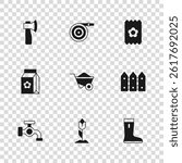 Set Flower tulip, Garden fence wooden, Waterproof rubber boot, Wheelbarrow, Pack full seeds, Wooden axe, hose and  icon. Vector