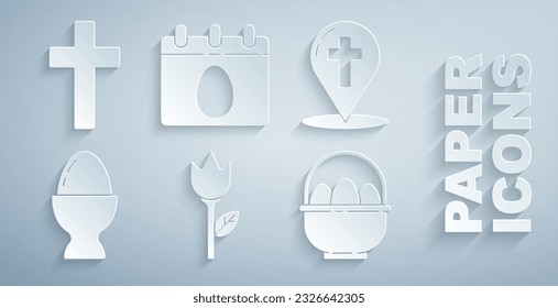 Set Flower tulip, Map pointer with christian cross, Easter egg on stand, Basket easter eggs, Calendar and Christian icon. Vector