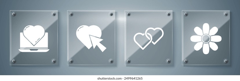 Set Flower, Two Linked Hearts, Heart and cursor click and Online dating app and chat. Square glass panels. Vector