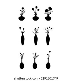 Set of Flower in Vase Black Silhouette on White Background 