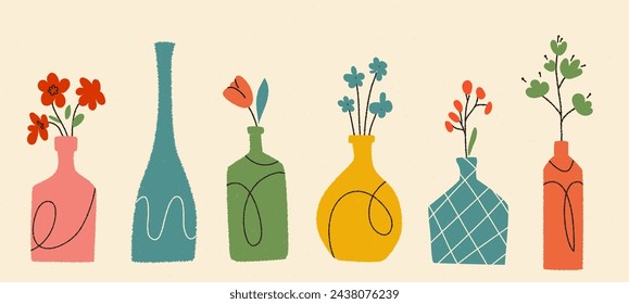 Conjunto de florero con líneas de garabato y textura de papel. Ilustración de cerámica de objetos antiguos. Vectore urna de cerámica aislado en beige por
