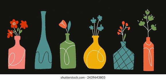 Set of flower vase with doodle lines and paper textute. Pottery illustration of antique objects. Vectore ceramic urn isolated on black bg