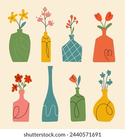 Set of flower vase with doodle lines and paper textute. Pottery illustration of antique objects. Vectore ceramic urn isolated on beige bg