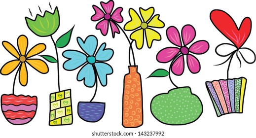 Set of flower in vase in white background