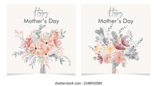 Set of flower vector Happy Mother’s day  greeting cards. Spring floral patterns for post, card template design. Cute hand drawn bouquet decoration. Bloom watercolor illustration