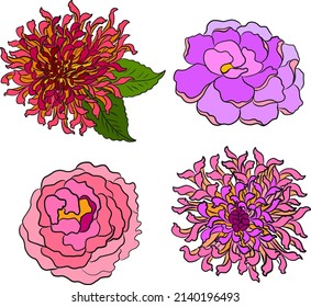Set of flower vector for painting on background.Peony for printing on curtain.Traditional  Asian floral illustration for embroidery style.chrysanthemum vector.Beautiful line art for summer.