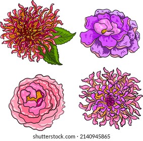 Set of flower vector for painting on background.Peony for printing on curtain.Traditional  Asian floral illustration for embroidery style.chrysanthemum vector.Beautiful line art for summer.