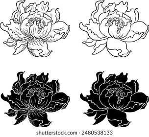 Set of flower vector for painting on background.Peony for printing on curtain.Traditional  Asian floral illustration for embroidery style.Rose flower.Beautiful line art for summer.Lotus vector.