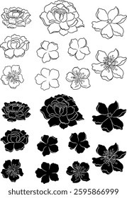 Set of flower vector for painting on background.Peony for printing on curtain.Traditional  Asian floral illustration for embroidery style.Rose flower.Beautiful line art for summer.