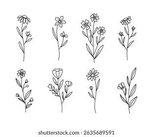 Set of flower vector. Wildflower line art bouquets set. Hand drawn flower, wild plant, botanical vector illustration