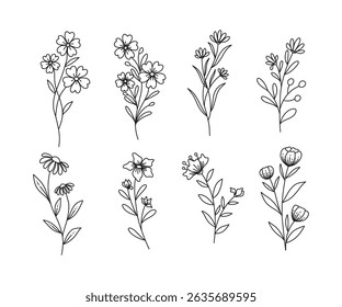 Set of flower vector. Wildflower line art bouquets set. Hand drawn flower, wild plant, botanical vector illustration