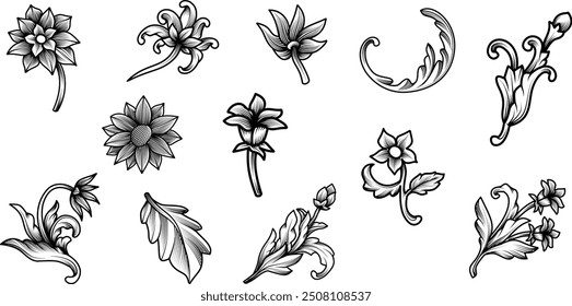 Set of Flower vintage Baroque, flourish Victorian border floral ornamental. Botanical engraving pattern daisy, rose, peony flower decorative design tattoo. Black swirl filigree calligraphic vector