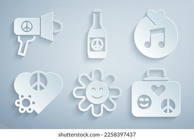 Set Flower, Vinyl disk, Love peace, Suitcase for travel, Beer bottle and Megaphone icon. Vector