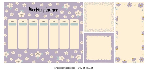 set of flower weekly journals. Class schedule for children. Notes and to-do list. Memo pages with flowers, lemons. Summer. Timetable design with flowers. Organizers