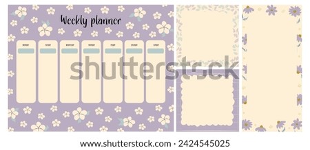 set of flower weekly journals. Class schedule for children. Notes and to-do list. Memo pages with flowers, lemons. Summer. Timetable design with flowers. Organizers
