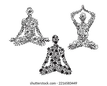Set of flower woman doing yoga. Collection of natural meditating girls in lotus position. Pose of meditation. Vector illustration isolated on white background.